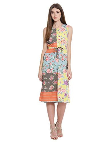 oxolloxo Women's Polyester Sleeveless Floral Print Knee Length Dress (Multicolor)