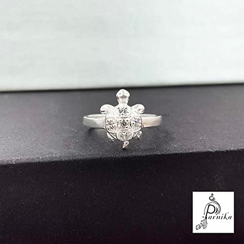 MJ Unisex Pure 92.5 Sterling Silver 925 Good Luck Tortoise/Turtle Finger Ring Embellished with CZs