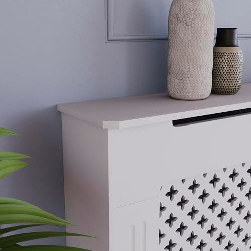 Vida Designs Oxford Radiator Cover White - Medium - Traditional Cross Pattern Design For Optimal Heat Circulation - H82xW111xD19cm - Painted MDF Cabinet Ideal For Living Room & Hallway