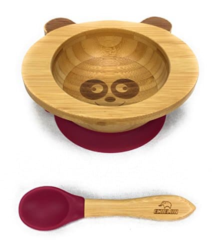 Echelon Organic Bamboo Bowl Gift Set Baby Animal Shape with Stay Put No Spill Suction Base and Spoon (PANDA) (Magenta)