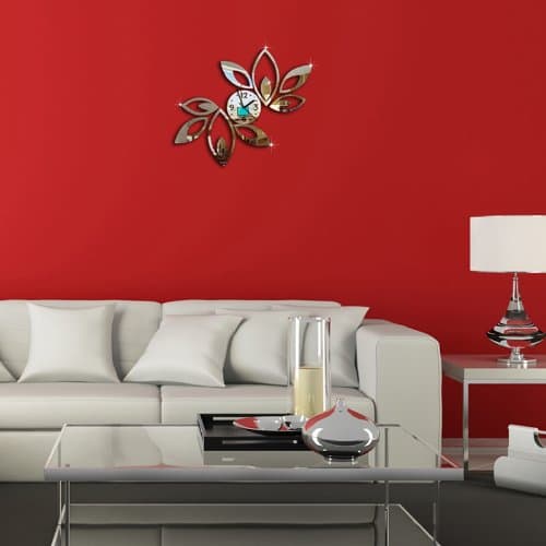 Dupin LLC (TM) Modern 3D DIY Big Flower Creative Rhombus Leaves Leaf Wall Clock Mirror Fashion Design Removable Acrylic Wall Sticker Home Decoration (silver)