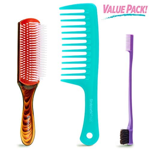 3 Pieces Detangling Brush set with Edge Brush Double Sided, SindycurlsMagic Sturdy Wide Tooth Comb and 9 Row Cushion Nylon Bristle for Afro America Textured Curly Hair Brush
