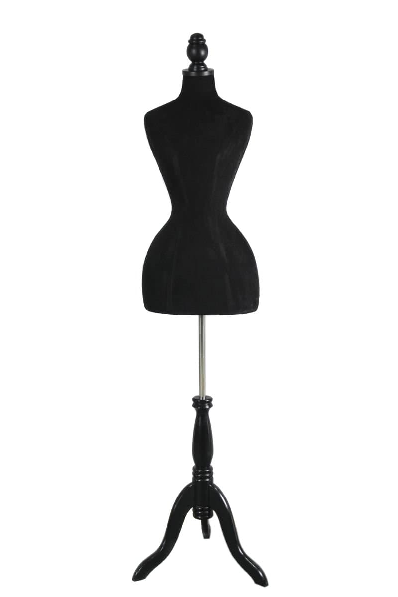 Female Mannequin Dress Form Hourglass Style Black Body on Black Tripod Wooden Base (B44)