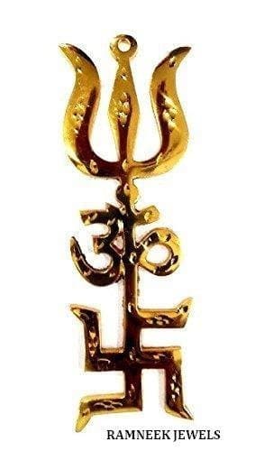 Ramneek JewelsDivya Shakti Trishakti Yantra (Swastik Om Trishul) Original Brass 6'' - AAA Quality (Indian Religious Item)