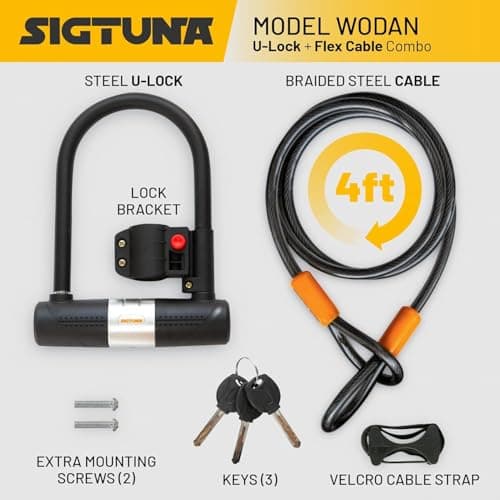 SIGTUNA Bike Locks - 16mm Heavy Duty U Lock with U-Lock Shackle and Bicycle Lock Mount Holder + 1200mm Steel Chain Cable Bike Lock - Orange