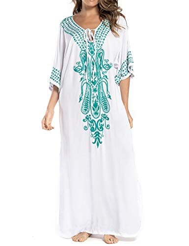 Womens Embroidered Bikini Swimsuit Cover Up Long Casual Kaftan Dress Beach Caftans
