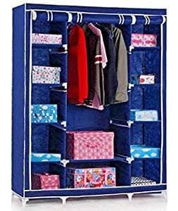 TRIPLE CANVAS WARDROBE CLOTHES RACK SHELVES HANGING RAIL STORAGE CUPBOARD (Blue)