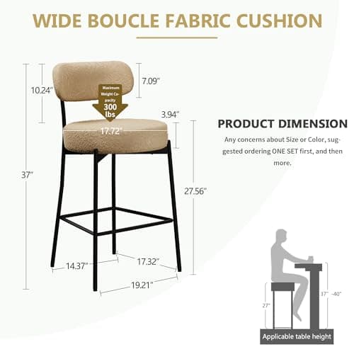 DYHOME Bar Stools Set of 6,Beige 28 Inches Boucle Counter Height Bar Stools with Back & Metal Legs, Modern Upholstered Metal Tall Barstools for Kitchen Island