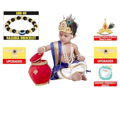 Raj Fancy Dresses Shri Krishna Dress for Baby Boy & Girl, Janmashtmi Dress with Diaper-friendly Dhoti & Dupatta, Mor Pankh Mukut