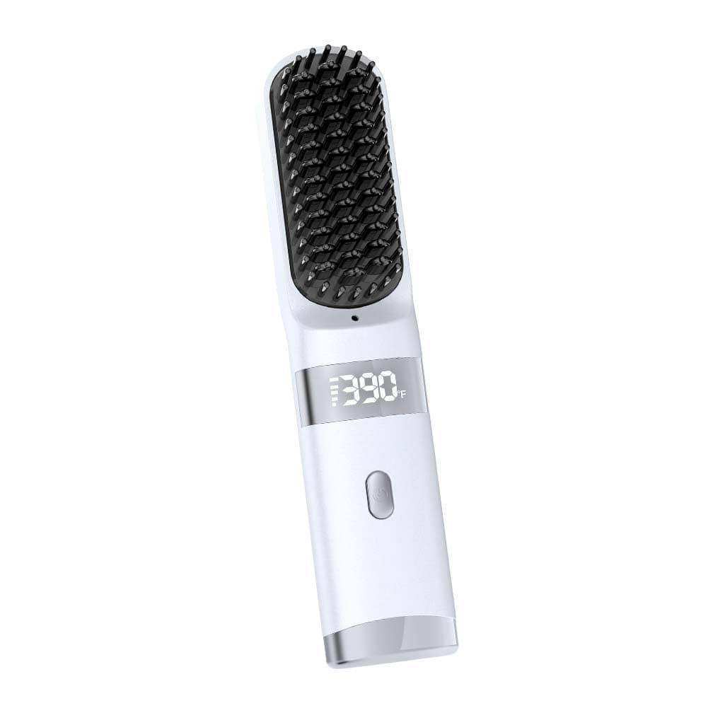 Cordless Hair Straightener Brush Portable on The go Comb for Travel USB chargingTwo Power sources40s Fast HeatingLCD Large Screen Display (White) 1
