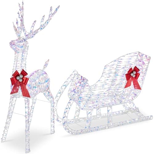 Best Choice Products Lighted Christmas 4ft Reindeer & Sleigh Holiday Outdoor Yard Decoration Set w/ 205 LED Lights, Stakes, Zip Ties - Iridescent