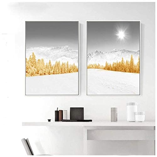Golden Forest Snow Mountain Modern Wall Art Print Canvas Painting Decorative Picture for Living Room Home Decor Poster 50x70cm No Frame