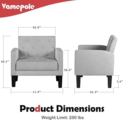 Modern Accent Chairs Set of 2, Comfy Living Room Chair, Cozy Tufted Mid Century Modern Accent Chair, Upholstered Reading Arm Chair for Living Room, Bedroom Sofa Chair(Light Grey, Set of 2)