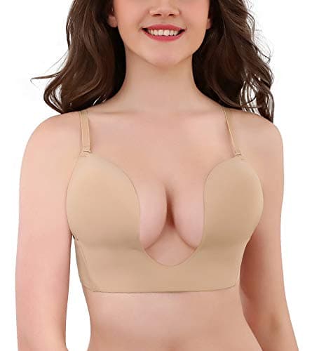 Women’s Sexy Deep U Plunge Bra Multi-Way Convertible Push Up Halter Low Back Bra
