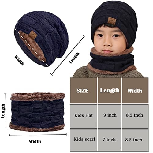 T WILKER 2Pcs Kids Winter Knitted Hats+Scarf Set Warm Fleece Lining Cap for 5-14 Year Old Boys Girls
