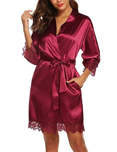 URRU Women's Kimono Robes Satin Pure Colour Short Style with Oblique V-Neck Robe Wine Red L