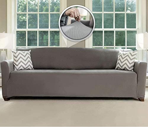 Sofa Shield Original Fitted 1 Piece X-Large Oversized Sofa Protector, Many Colors, Seat Width to 78 Inch, Stretch Furniture Slipcover, Fastener Strap, Spandex Couch Slip Cover Throw for Pet Dogs, Gray