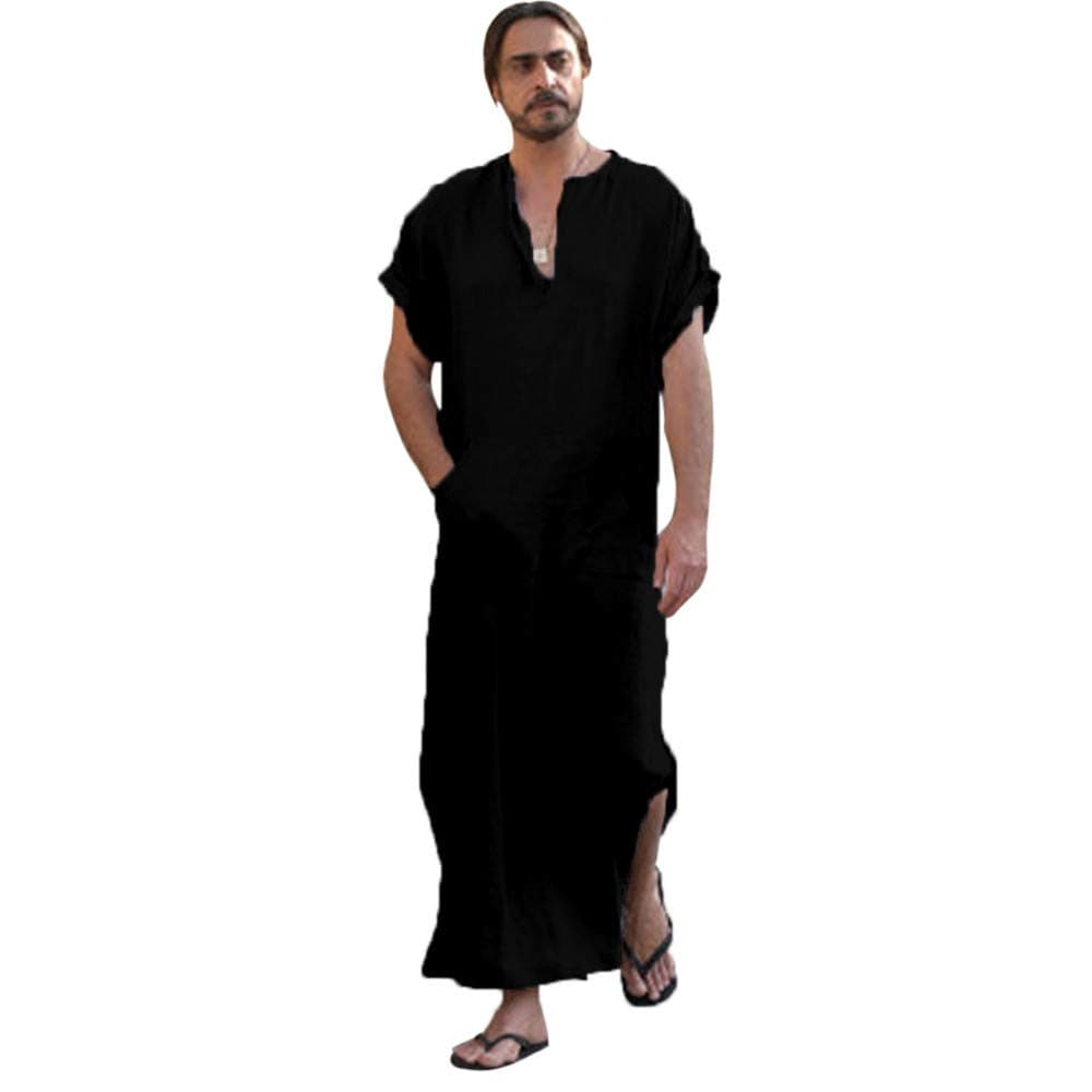 WUAI Mens Casual Linen Robe Short Sleeve Loose Fit V-Neck Kaftan Abaya Thobe Long Gown