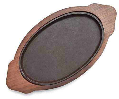 HAINEHAINE Cast Iron Sizzler Plate with Wooden Base, Brown, (13inch by 7inch)