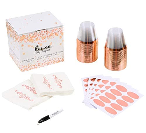 9 Oz Rose Gold Rimmed Plastic Party Cups and Napkin Set (Pack of 60 Each) ~ Fancy Disposable Wine Glasses with Rose Gold Rim ~ Includes 60 Cup Labels and 1 Marker