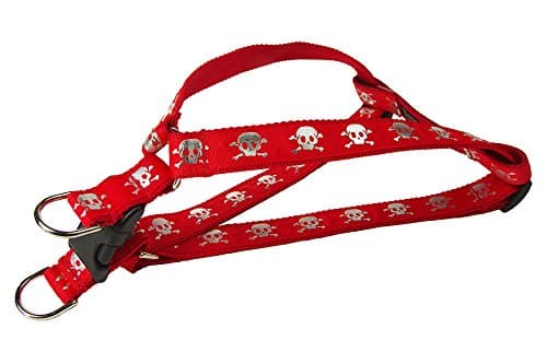 Small Red Reflective Skull Dog Harness: 5/8" Wide, Adjusts 15-21" - Made in USA.