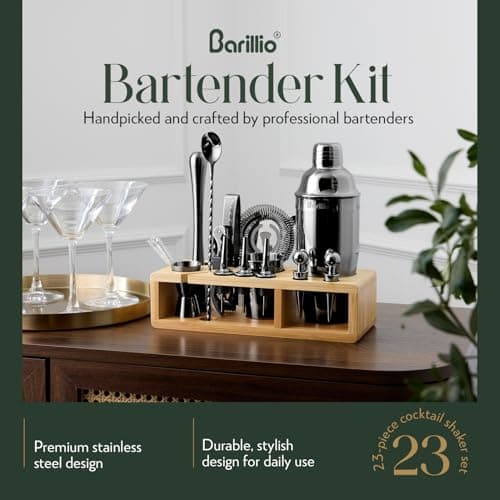 Black 23-Piece Bartender Kit Cocktail Shaker Set by BARILLIO: Stainless Steel Bar Tools With Sleek Bamboo Stand, Velvet Carry Bag & Recipes Booklet | Ultimate Drink Mixing Adventure