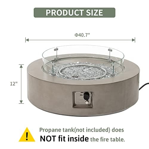 COSIEST Outdoor Propane Fire Pit Coffee Table w Gray 42 inch Round Base Patio Heater, Certified, 50,000 BTU Stainless Steel Burner, Wind Guard, Transparent Gray Fire Glass, Rain Cover