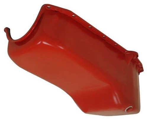 Steel Oil Pan Fits 1958–79 Chevy SB 283-305-327-350-400 – Stock Capacity - Painted Orange Finish