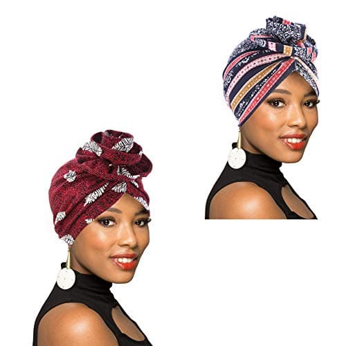 1Pack/2Packs Women Turban African Pattern Headwrap Beanie Pre-Tied Bonnet Chemo Cap Hair Loss Hat