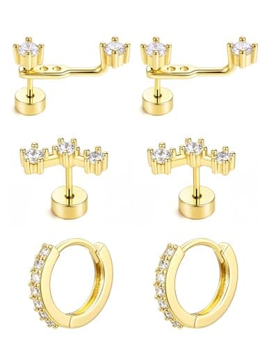 Gold Huggie Hoop Earrings Set for Women, Dainty Small Birthstone Jacket, Stud Earrings, Huggie Earring Stacks for Multiple Piercings, 925 Sterling Silver, Hypoallergenic Earrings, Trendy