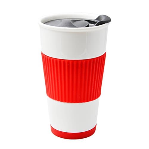 UDMG Ceramic Double Wall Insulated Travel Coffee Cup with Slider Lid, Silicone Sleeve & Built-In Coaster, 10 fl.oz (Red)
