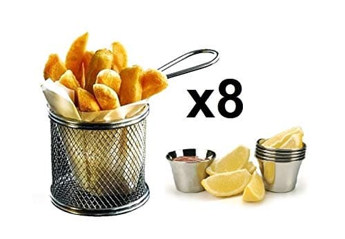 Set of 8 - Mini Chrome Chip Basket Round Frying Fry Serving Basket 10 x 8cm + Free 8pk Ramekins Sauce Cups Condiment Bowls - Ideal for Food Presentation by Kitchen Stars