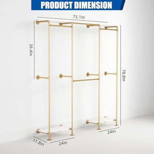 KaKaBB Industrial Pipe Clothing Rack, Adjustable Gold Corner Clothes Rack with Shelves, Wall Mounted Clothing Rack for Hanging Clothes, Closet System for Walk in Closets(GOLD)
