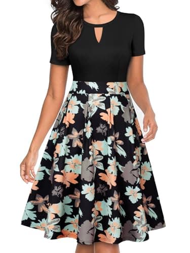 YATHON Women's Vintage Floral Flared Swing Casual Party Dresses with Pockets(YT018-Black Orange F P1,L)