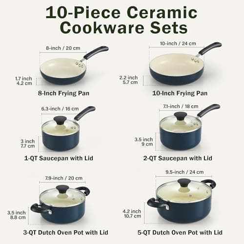 Cook N Home Pots and Pans Set Nonstick, 10-Piece Ceramic Kitchen Cookware Sets, Nonstick Cooking Set with Saucepans, Frying Pans, Dutch Oven Pot with Lids, Blue