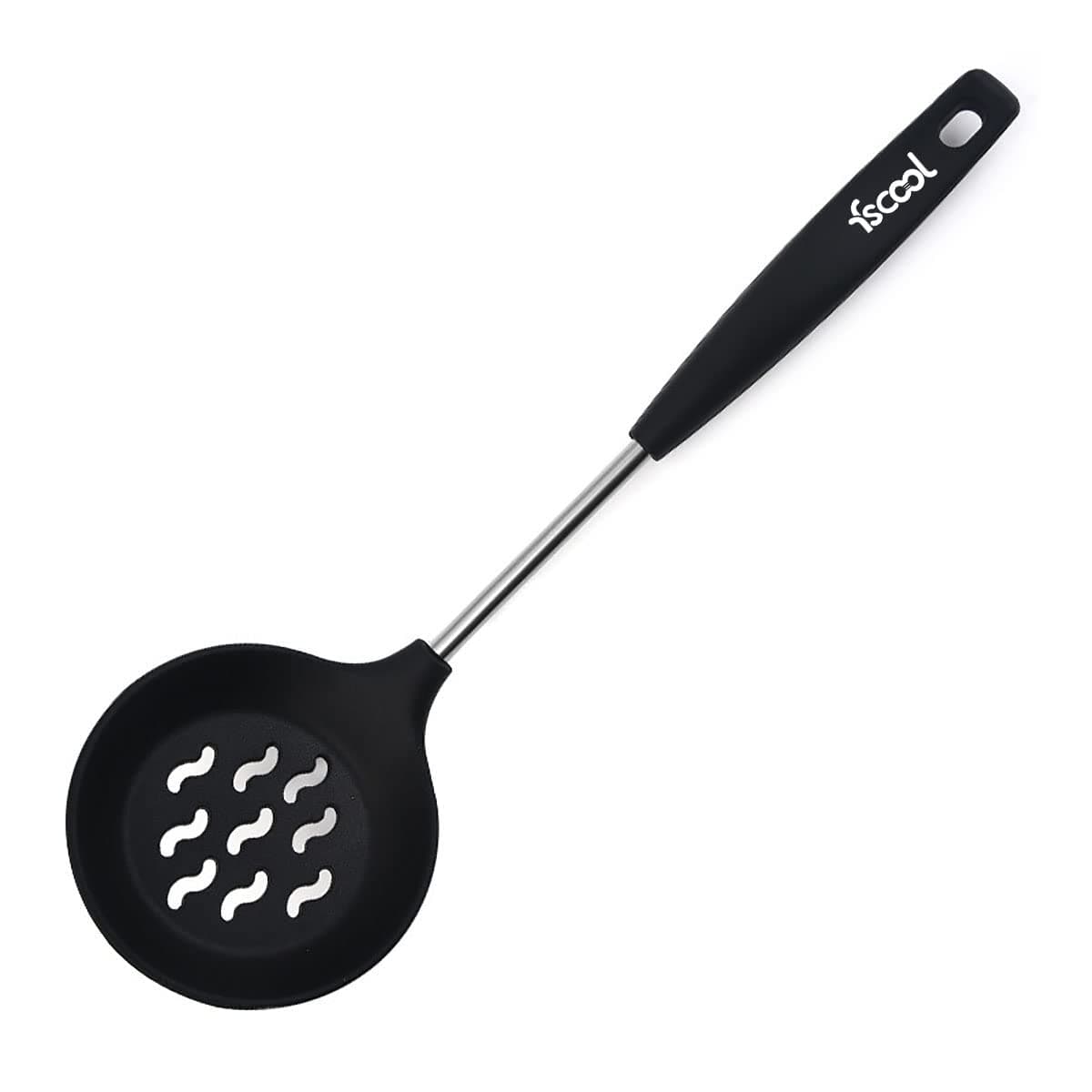 FS COOL Premium Silicone Slotted Skimmer Strainer Spoon with Stainless Steel Handle Scoop Strainer Colander 38 CM(Black, Set of 1)