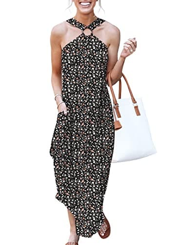 ANRABESS Women Summer Halter Neck Sundress Sleeveless Split Side Casual Beach Travel Vacation Maxi Long Dress with Pockets