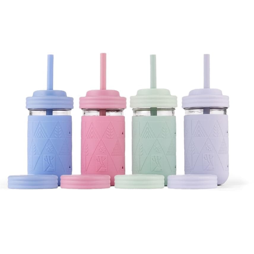 Kids + Toddler Glass Cups | The Original 12oz Glass Mason Jar with Sleeves + Lids | Silicone Straws + Stopper | Smoothie Cup | Food Storage | Blush/Sage/MistyBlue/Lilac | 4 Pack