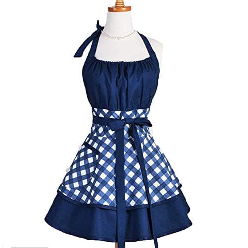 JIURUN Retro Aprons for Women, 50's Style Vintage Retro Black Classic Apron for Woman Girl (blue)