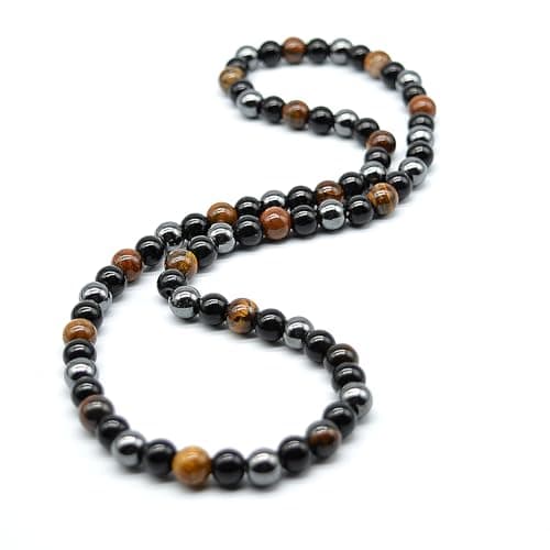 KIKILA 8MM Natural Tiger Eye Lava Stone Beaded Choker Necklace Genuine Gemstone Anxiety Stretch Necklace For Men
