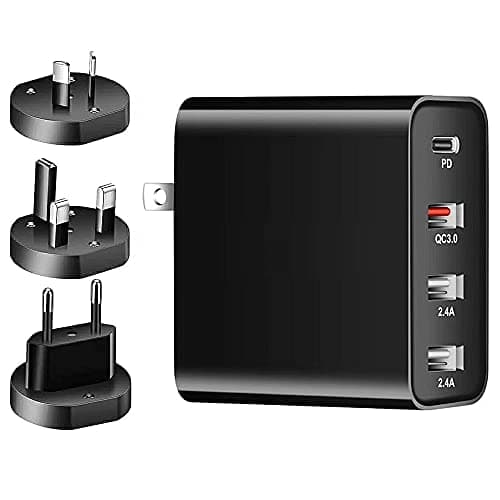USB C Charger, KIYOSAKI 48W Charging Station, 4-Port USB Wall Charger PD3.0 QC3.0 2.4A*2 with USA/EU/UK/AU Adapter Charging for MacBook Pro iPhone iPad Pro Galaxy (Black)