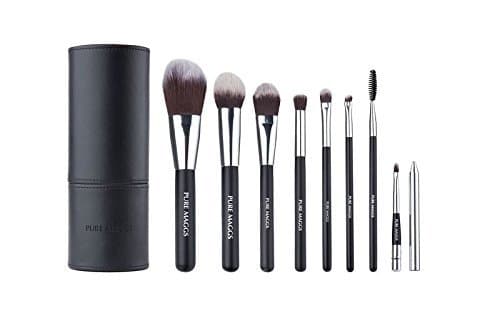 Pure Maggs Makeup Brush Set with Black Faux-leather Sturdy Cylinder Awesome for Travelling - 8 Must Have Powder Blush Foundation Eyeshadow Eyebrow Mascara Lip - Functional Brushes - Blend Like a Pro