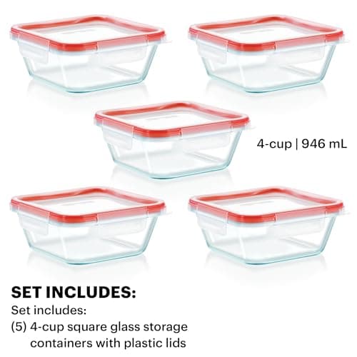 Pyrex Freshlock 10-Pieces 4-Cup Glass Food Storage Containers Set, Airtight & Leakproof Locking Lids, Freezer Dishwasher Microwave Safe