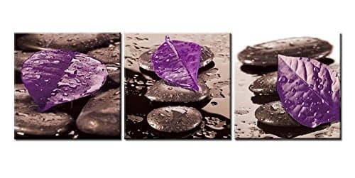 Lily Art Canva Print Artwork Zen Stone And Purple Leaves Beautiful Painting For Home Wall Decor And A Gift 16x16inch 3 Panels(Wood Framed)