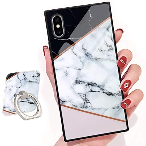 Bitobe Geometric Black White Marble Design iPhone X iPhone Xs Square Edges Case with Phone Ring Stand Grip Holder Soft TPU Slim Square Case iPhone X Phone Cover iPhone Xs 5.8 inch