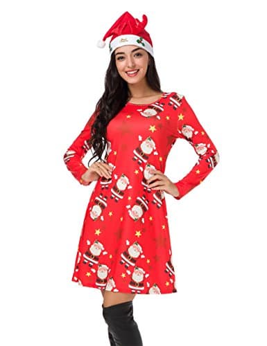 AtnlewhiWomens Christmas Dresses Long Sleeve Casual Cocktail Party A Line Xmas Midi Party Holiday Swing Dress