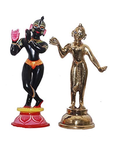 Brass Radha & Krishna Idol (6 inch, Black Krishna and Golden Radha)