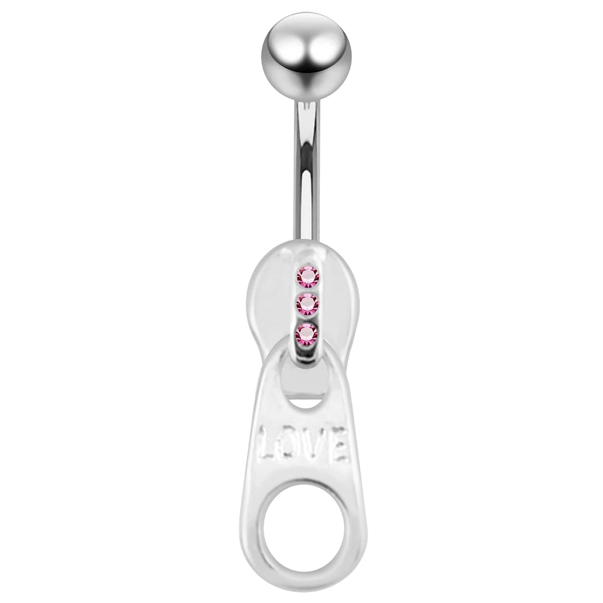 Silver Belly Rings Crystal Stone Love Zip Dangling 925 Sterling Body Jewelry