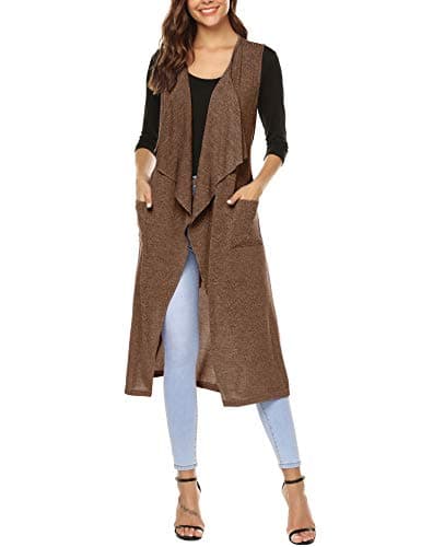 Womens Casual Sleeveless Open Front Cardigan Sweater Vest with Pockets and Belt