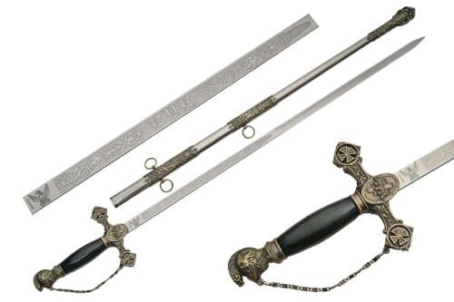 37" Templar Knight Sword – Medieval Crusader Real Sword Look with Etched Stainless Steel Blade, Brass Guard & Pommel, and Ornate Metal Scabbard for Collectors, Cosplay & Swords for Men